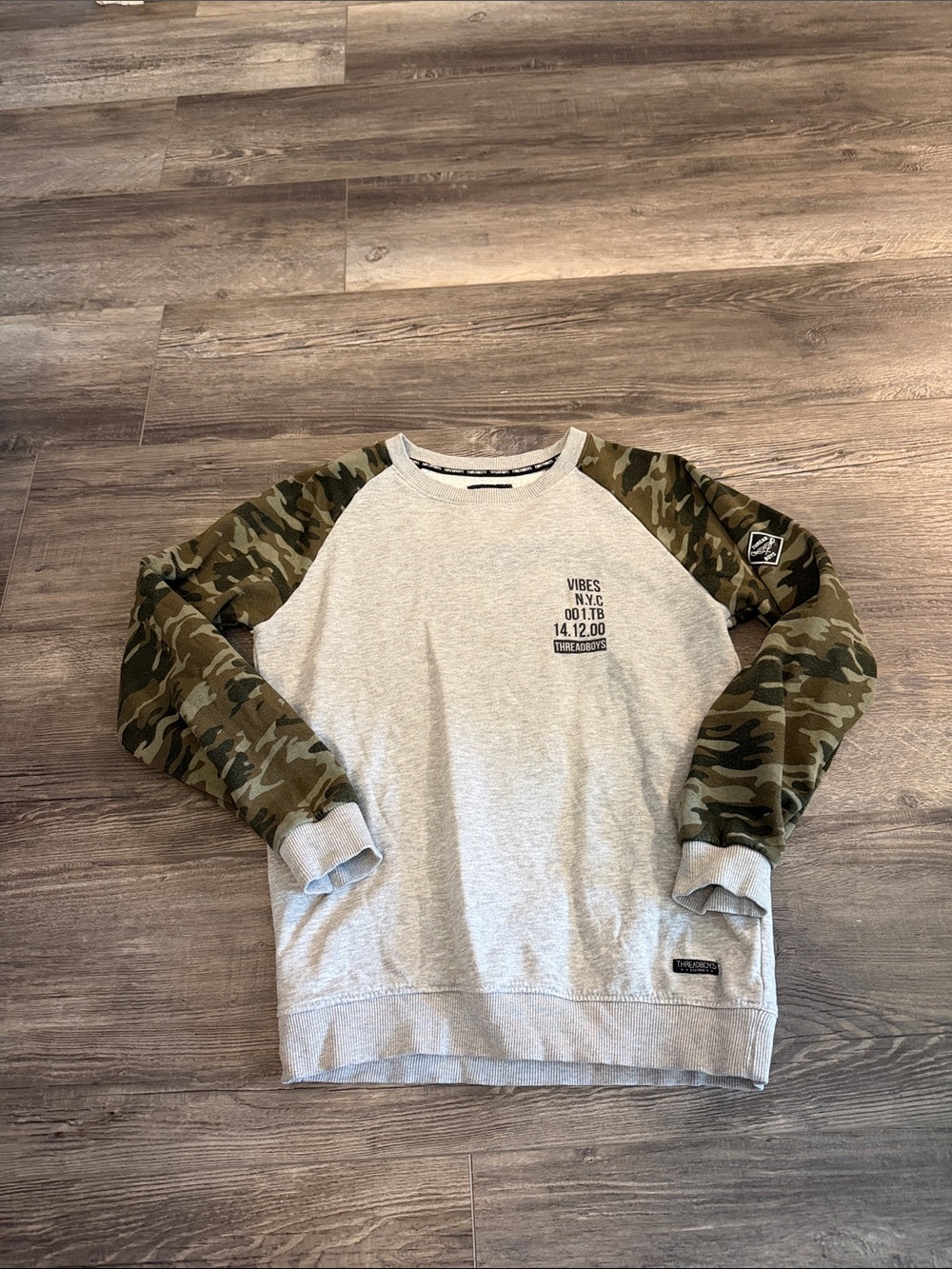 Kids Crewneck Sweatshirt with Olive Camo Raglan Sleeves